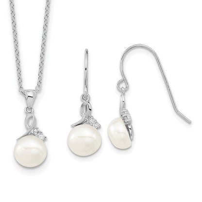 PSSN Sterling Silver Rhodium-plated 7-8mm White Semi-Round Freshwater Cultured Pearl and CZ 17 inch Necklace and Dangle Earrings Set