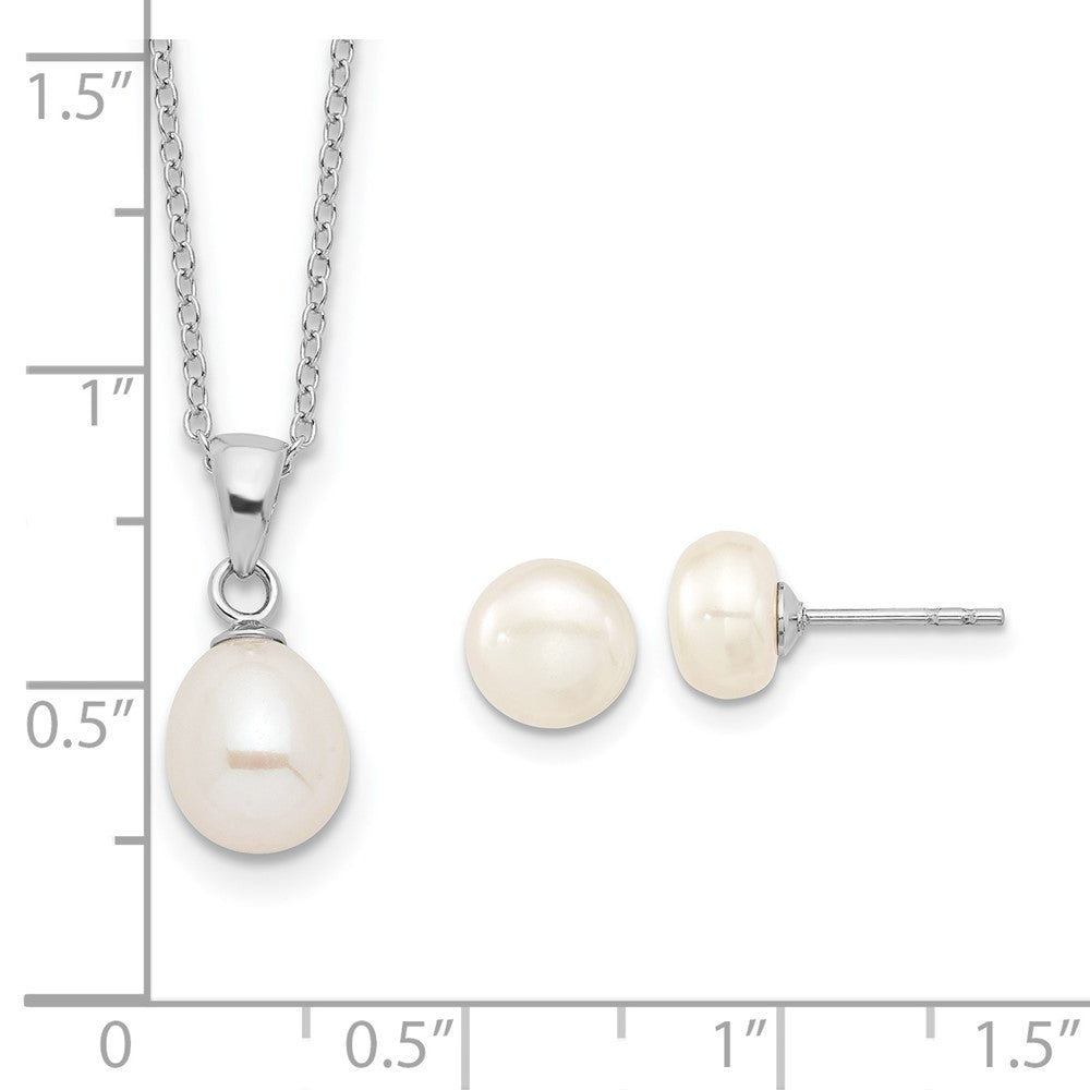 PSSN Sterling Silver Rhodium-plated 7-8mm White Teardrop Freshwater Cultured Pearl 17 inch Necklace Button Post Earrings Set