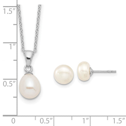 PSSN Sterling Silver Rhodium-plated 7-8mm White Teardrop Freshwater Cultured Pearl 17 inch Necklace Button Post Earrings Set