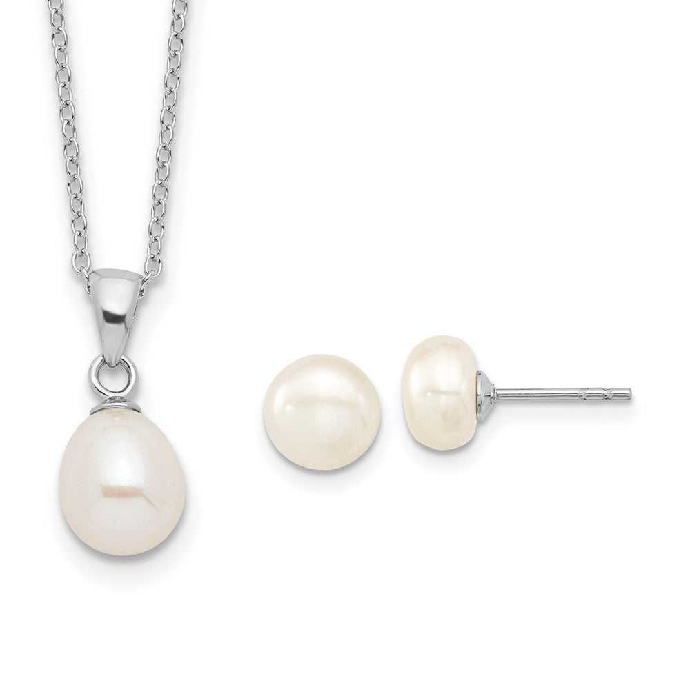 PSSN Sterling Silver Rhodium-plated 7-8mm White Teardrop Freshwater Cultured Pearl 17 inch Necklace Button Post Earrings Set