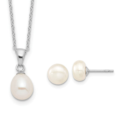 PSSN Sterling Silver Rhodium-plated 7-8mm White Teardrop Freshwater Cultured Pearl 17 inch Necklace Button Post Earrings Set