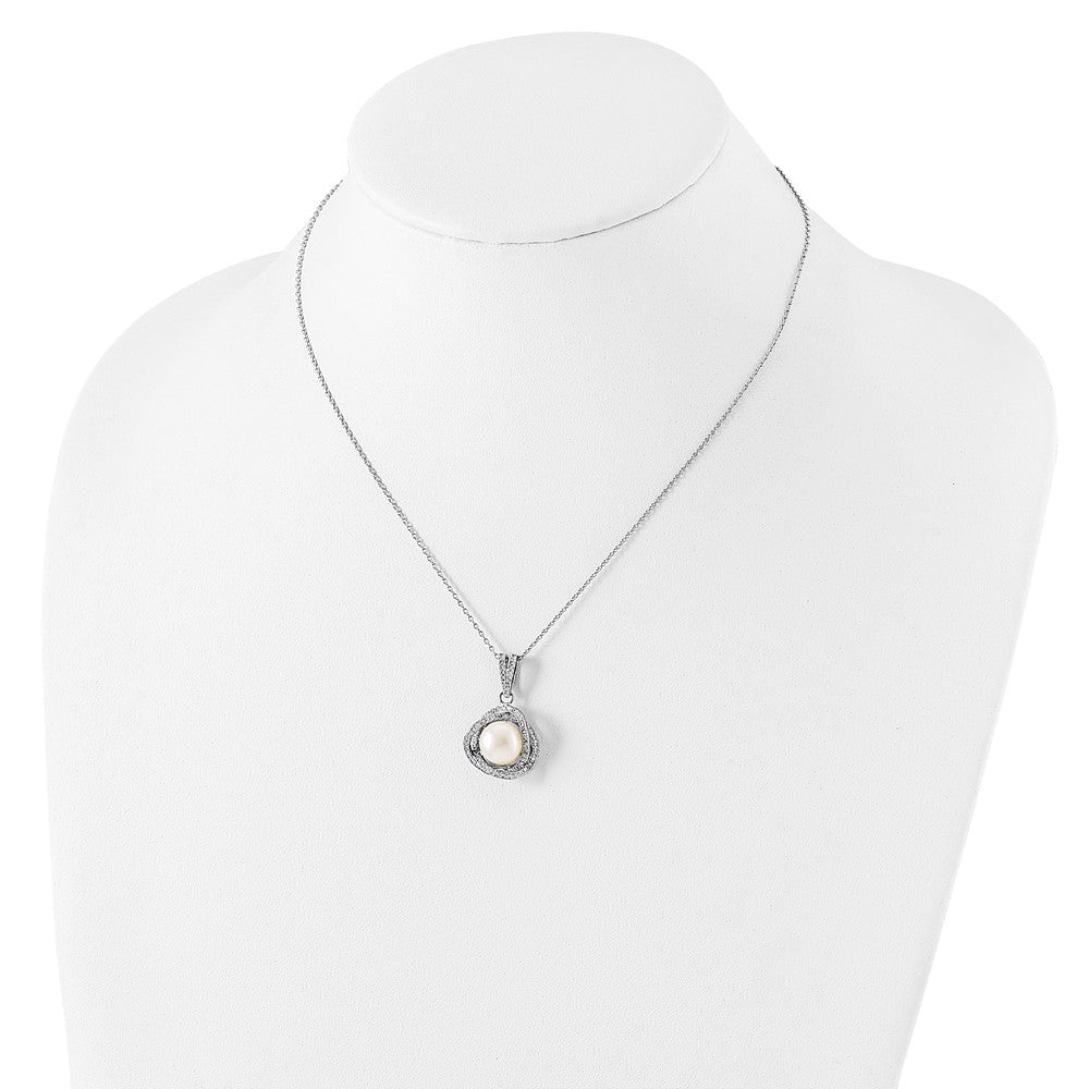 PSSE Sterling Silver Rhodium-plated 10-12mm White Button Freshwater Cultured Pearl and CZ 17 inch Necklace and Post Earrings Set