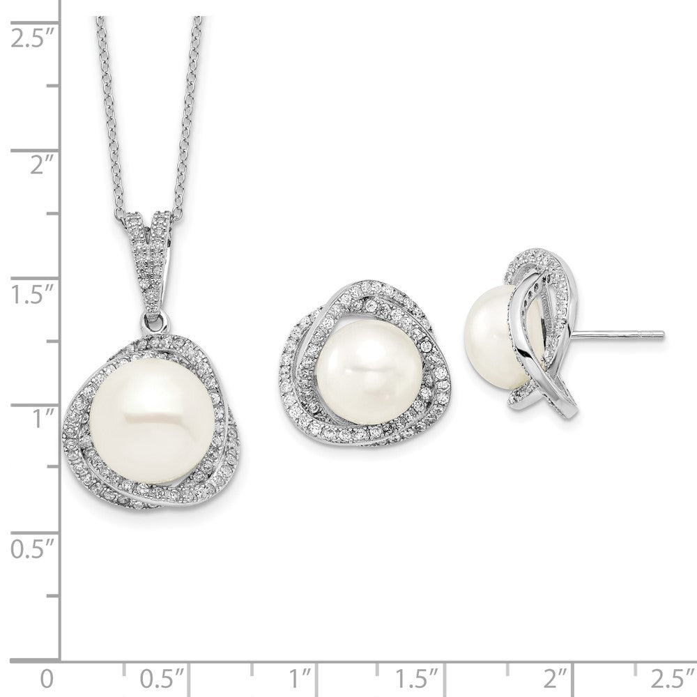 PSSE Sterling Silver Rhodium-plated 10-12mm White Button Freshwater Cultured Pearl and CZ 17 inch Necklace and Post Earrings Set