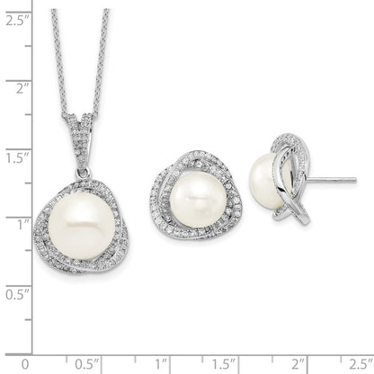 PSSE Sterling Silver Rhodium-plated 10-12mm White Button Freshwater Cultured Pearl and CZ 17 inch Necklace and Post Earrings Set