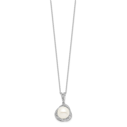 PSSE Sterling Silver Rhodium-plated 10-12mm White Button Freshwater Cultured Pearl and CZ 17 inch Necklace and Post Earrings Set