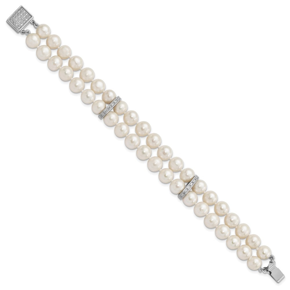 PSSB Sterling Silver Rhodium-plated 7-8mm White Near-round Freshwater Cultured Pearl and CZ 2-Strand 7 inch Bracelet