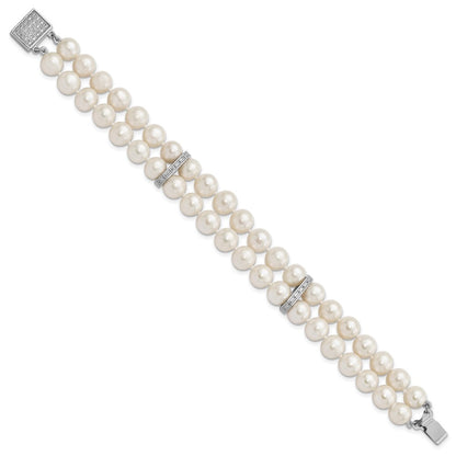 PSSB Sterling Silver Rhodium-plated 7-8mm White Near-round Freshwater Cultured Pearl and CZ 2-Strand 7 inch Bracelet