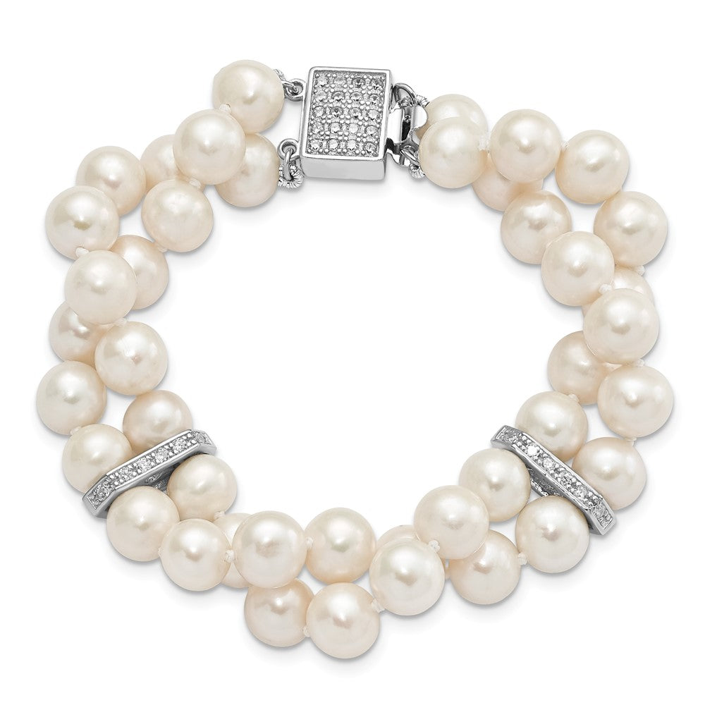 PSSB Sterling Silver Rhodium-plated 7-8mm White Near-round Freshwater Cultured Pearl and CZ 2-Strand 7 inch Bracelet