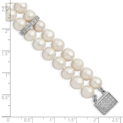 PSSB Sterling Silver Rhodium-plated 7-8mm White Near-round Freshwater Cultured Pearl and CZ 2-Strand 7 inch Bracelet