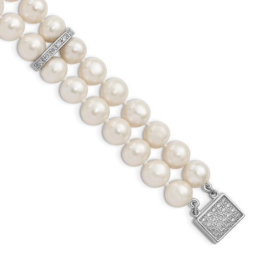 PSSB Sterling Silver Rhodium-plated 7-8mm White Near-round Freshwater Cultured Pearl and CZ 2-Strand 7 inch Bracelet