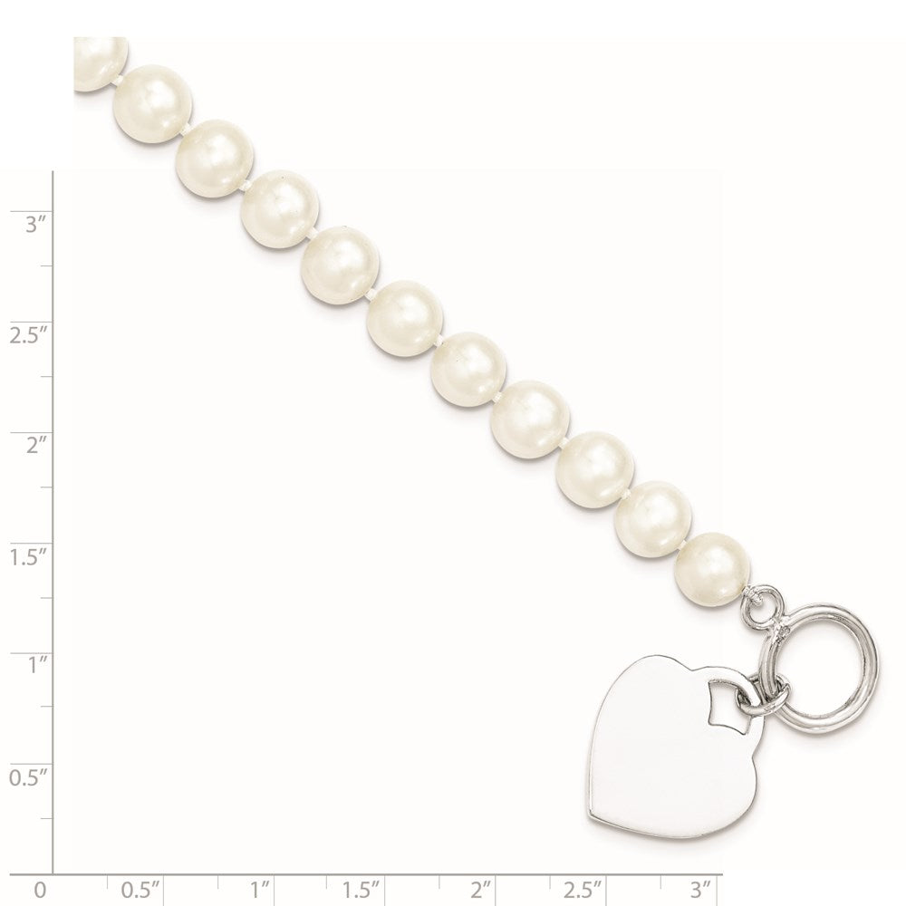 PSSB Sterling Silver Rhodium-plated 8-9mm White Near-Round Freshwater Cultured Pearl Heart Toggle 7.5 inch Bracelet