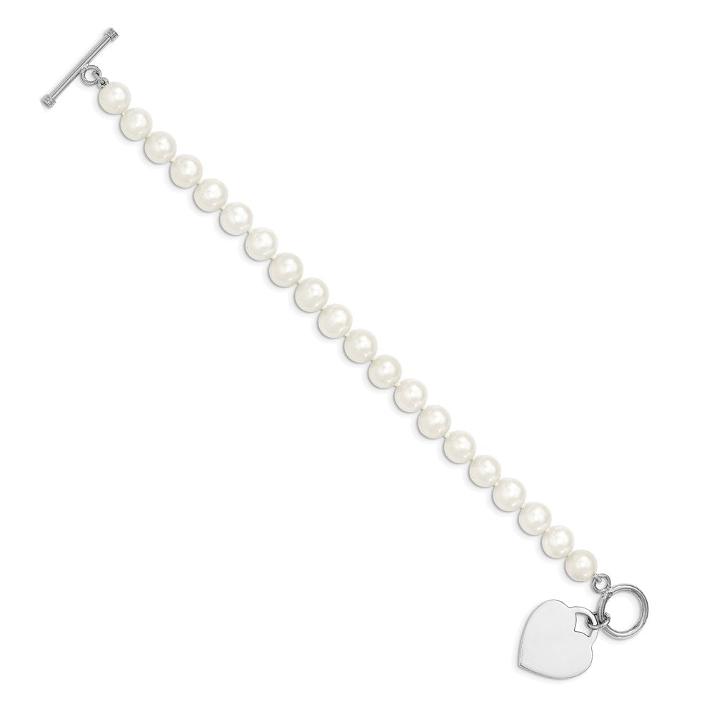 PSSB Sterling Silver Rhodium-plated 8-9mm White Near-Round Freshwater Cultured Pearl Heart Toggle 7.5 inch Bracelet