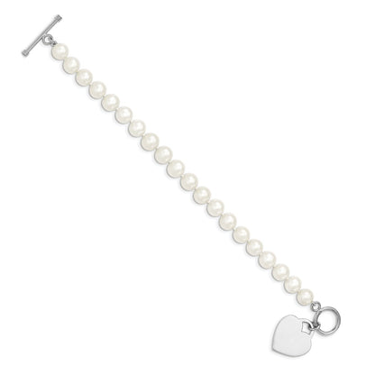 PSSB Sterling Silver Rhodium-plated 8-9mm White Near-Round Freshwater Cultured Pearl Heart Toggle 7.5 inch Bracelet