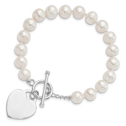 PSSB Sterling Silver Rhodium-plated 8-9mm White Near-Round Freshwater Cultured Pearl Heart Toggle 7.5 inch Bracelet
