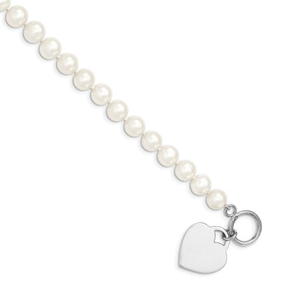 PSSB Sterling Silver Rhodium-plated 8-9mm White Near-Round Freshwater Cultured Pearl Heart Toggle 7.5 inch Bracelet