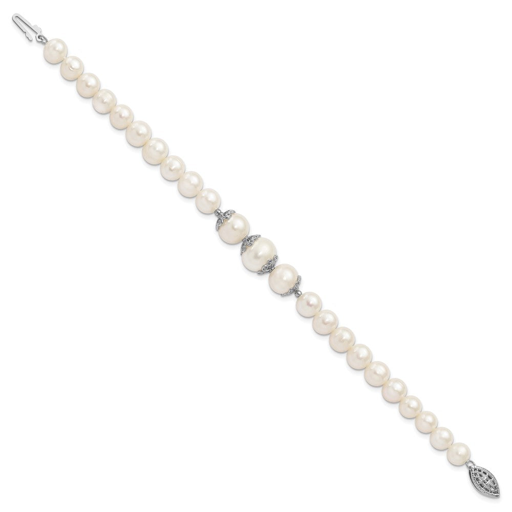 PSSB Sterling Silver Rhodium-plated 7-10mm White Near-Round Freshwater Cultured Pearl Fancy 7 inch Bracelet