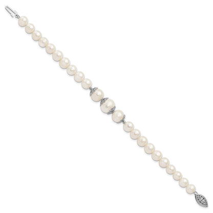 PSSB Sterling Silver Rhodium-plated 7-10mm White Near-Round Freshwater Cultured Pearl Fancy 7 inch Bracelet