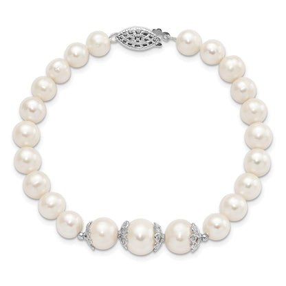 PSSB Sterling Silver Rhodium-plated 7-10mm White Near-Round Freshwater Cultured Pearl Fancy 7 inch Bracelet