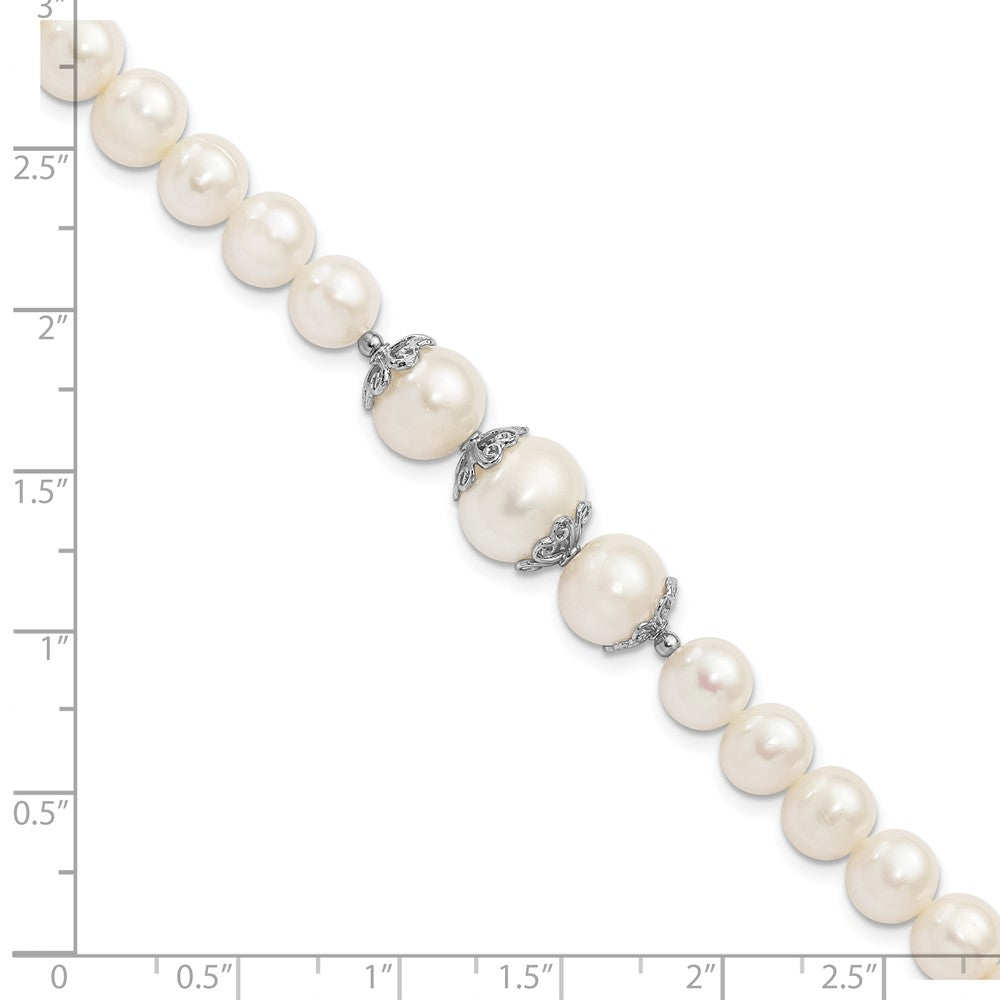 PSSB Sterling Silver Rhodium-plated 7-10mm White Near-Round Freshwater Cultured Pearl Fancy 7 inch Bracelet