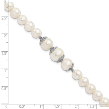 PSSB Sterling Silver Rhodium-plated 7-10mm White Near-Round Freshwater Cultured Pearl Fancy 7 inch Bracelet