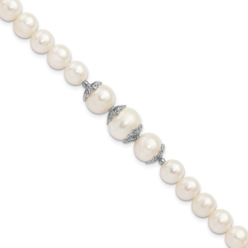 PSSB Sterling Silver Rhodium-plated 7-10mm White Near-Round Freshwater Cultured Pearl Fancy 7 inch Bracelet