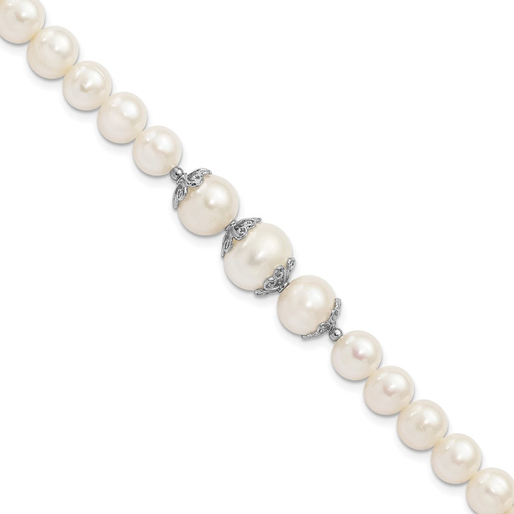 PSSB Sterling Silver Rhodium-plated 7-10mm White Near-Round Freshwater Cultured Pearl Fancy 7 inch Bracelet