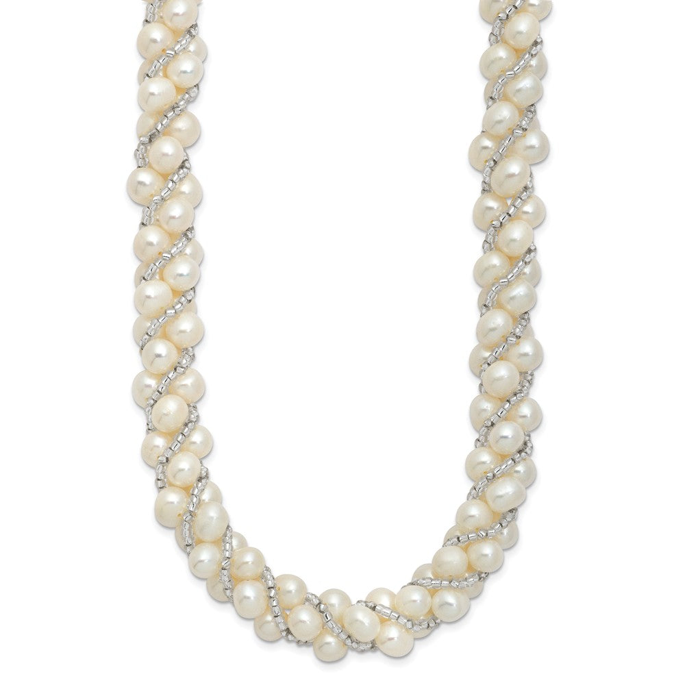 PSSN Sterling Silver Rhodium-plated 6-7mm White Near-Round Pearl and Glass Beaded Twisted 18 inch Necklace