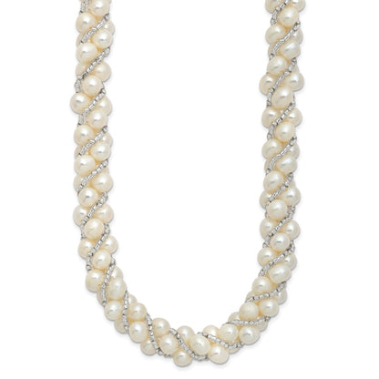PSSN Sterling Silver Rhodium-plated 6-7mm White Near-Round Pearl and Glass Beaded Twisted 18 inch Necklace