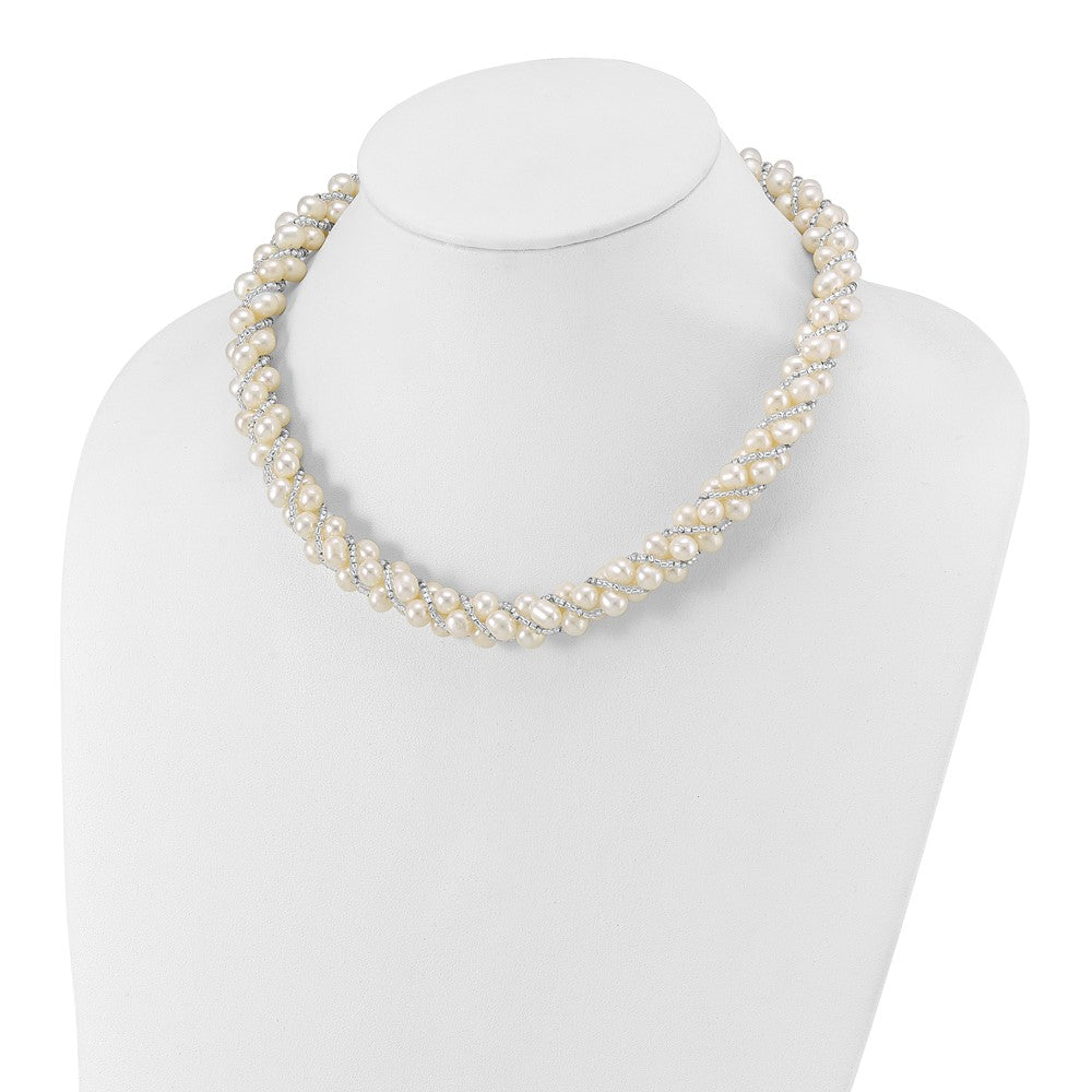 PSSN Sterling Silver Rhodium-plated 6-7mm White Near-Round Pearl and Glass Beaded Twisted 18 inch Necklace