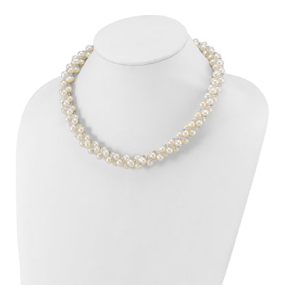 PSSN Sterling Silver Rhodium-plated 6-7mm White Near-Round Pearl and Glass Beaded Twisted 18 inch Necklace