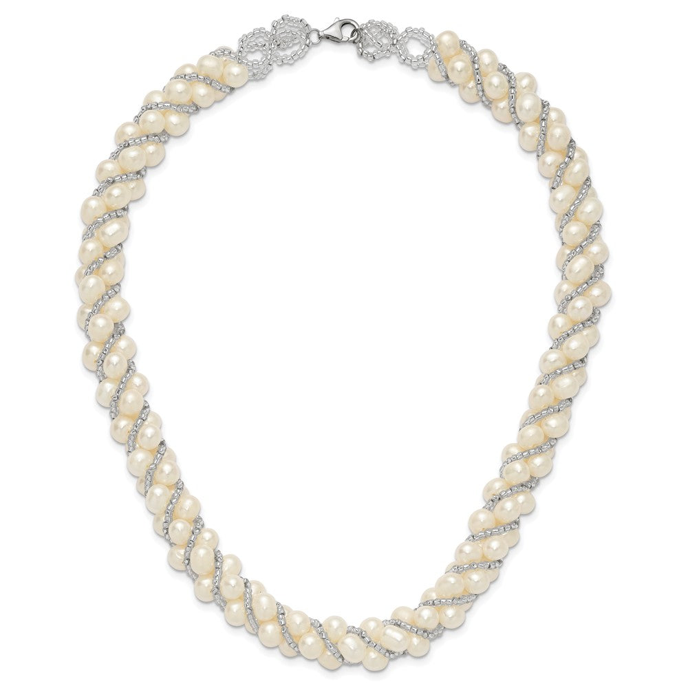 PSSN Sterling Silver Rhodium-plated 6-7mm White Near-Round Pearl and Glass Beaded Twisted 18 inch Necklace