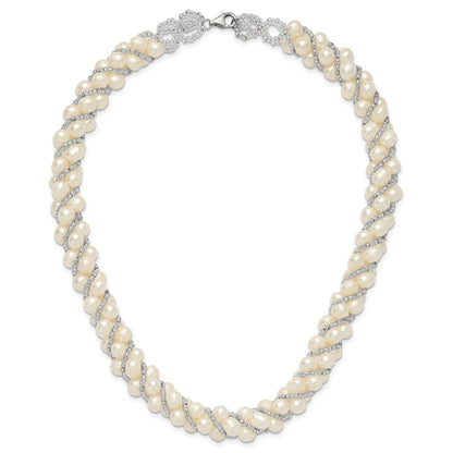 PSSN Sterling Silver Rhodium-plated 6-7mm White Near-Round Pearl and Glass Beaded Twisted 18 inch Necklace