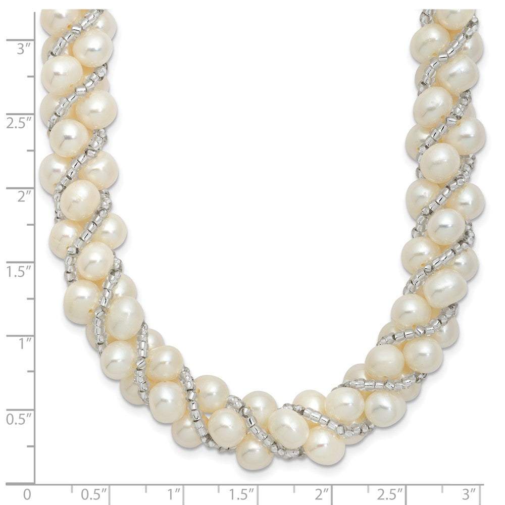PSSN Sterling Silver Rhodium-plated 6-7mm White Near-Round Pearl and Glass Beaded Twisted 18 inch Necklace