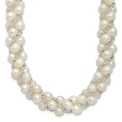 PSSN Sterling Silver Rhodium-plated 6-7mm White Near-Round Pearl and Glass Beaded Twisted 18 inch Necklace
