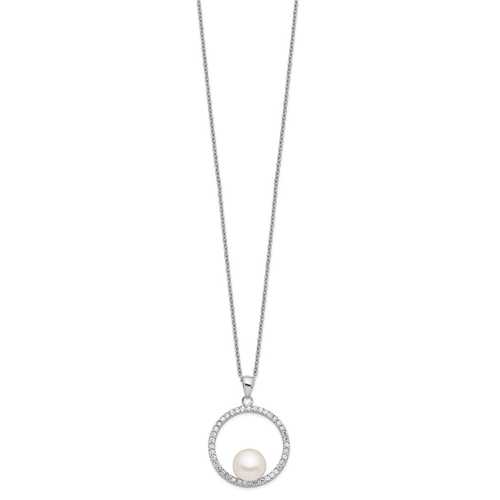 PSSN Sterling Silver Rhodium-plated 8-9mm White Button Freshwater Cultured Pearl and CZ 17 inch Necklace