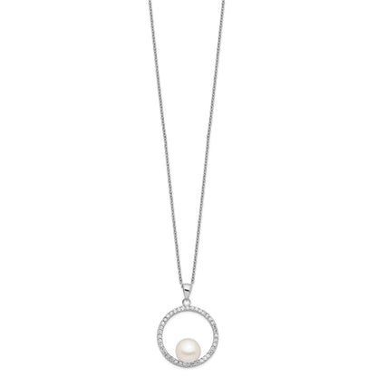 PSSN Sterling Silver Rhodium-plated 8-9mm White Button Freshwater Cultured Pearl and CZ 17 inch Necklace