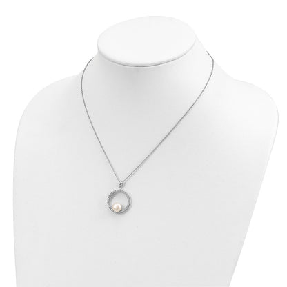 PSSN Sterling Silver Rhodium-plated 8-9mm White Button Freshwater Cultured Pearl and CZ 17 inch Necklace