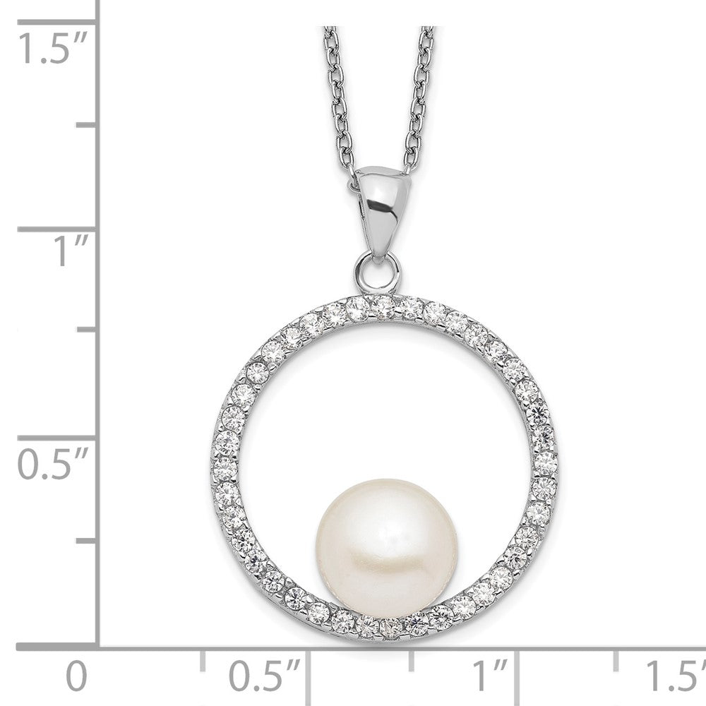 PSSN Sterling Silver Rhodium-plated 8-9mm White Button Freshwater Cultured Pearl and CZ 17 inch Necklace