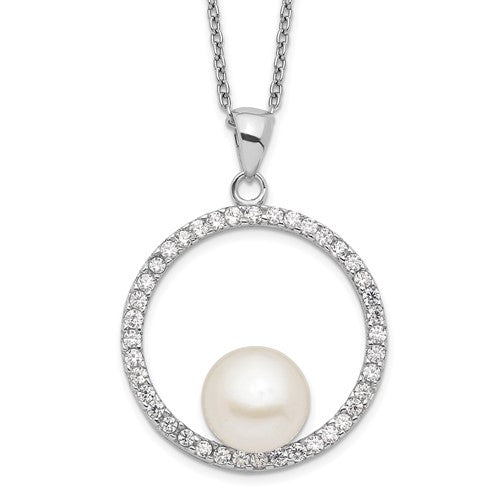 PSSN Sterling Silver Rhodium-plated 8-9mm White Button Freshwater Cultured Pearl and CZ 17 inch Necklace