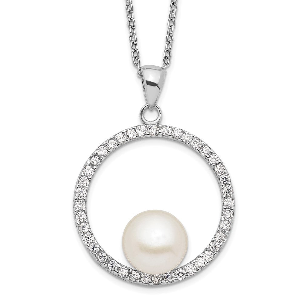 PSSN Sterling Silver Rhodium-plated 8-9mm White Button Freshwater Cultured Pearl and CZ 17 inch Necklace