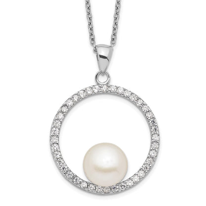 PSSN Sterling Silver Rhodium-plated 8-9mm White Button Freshwater Cultured Pearl and CZ 17 inch Necklace
