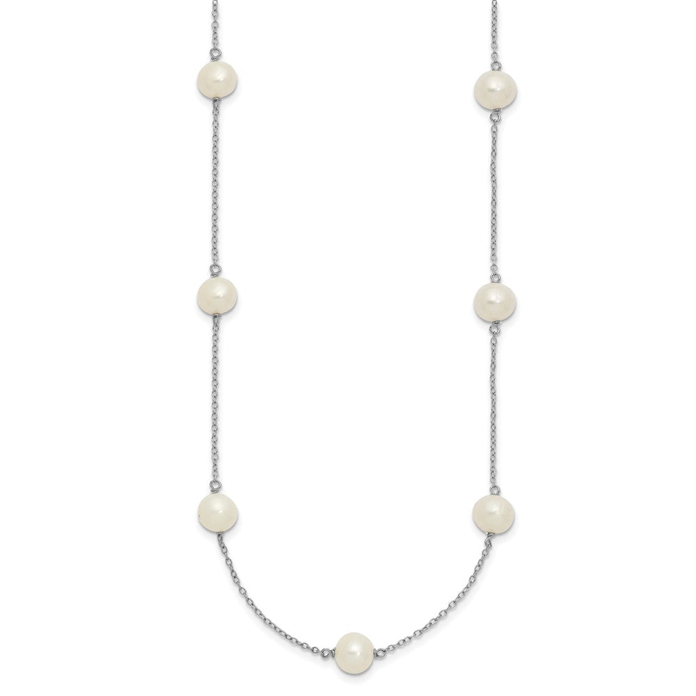 PSSN Sterling Silver Rhodium-plated 7-8mm White Near-Round Freshwater Cultured Pearl 9-Stations18 inch Necklace