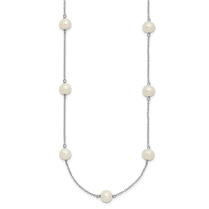 PSSN Sterling Silver Rhodium-plated 7-8mm White Near-Round Freshwater Cultured Pearl 9-Stations18 inch Necklace