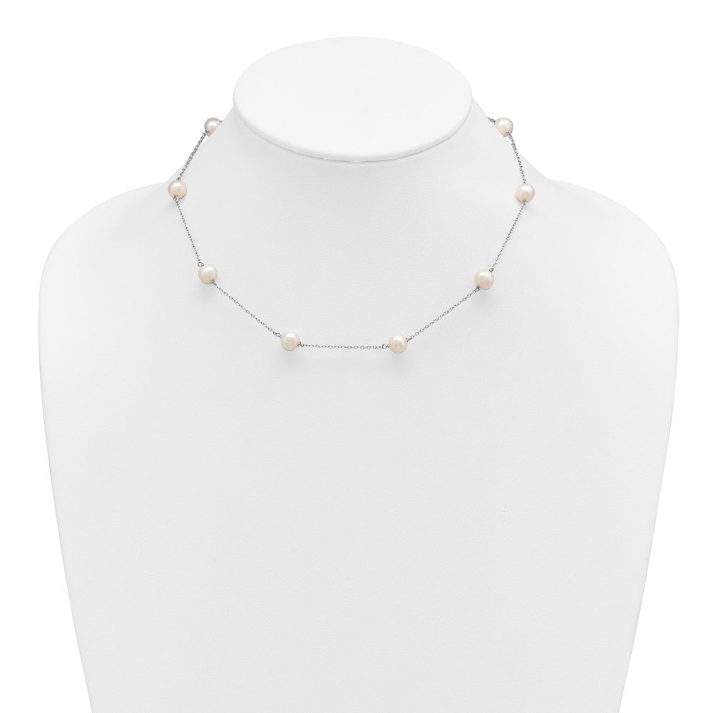 PSSN Sterling Silver Rhodium-plated 7-8mm White Near-Round Freshwater Cultured Pearl 9-Station 16 inch Necklace