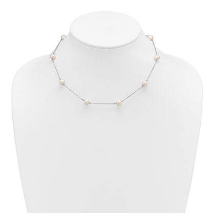 PSSN Sterling Silver Rhodium-plated 7-8mm White Near-Round Freshwater Cultured Pearl 9-Station 16 inch Necklace
