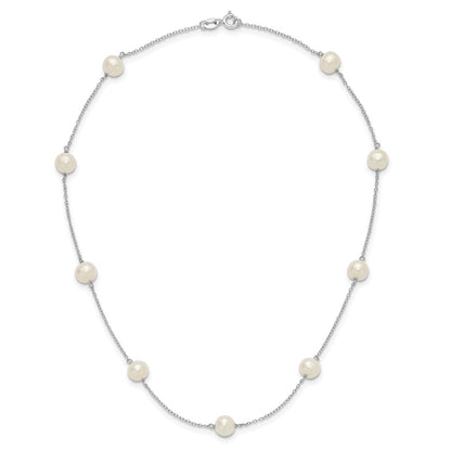 PSSN Sterling Silver Rhodium-plated 7-8mm White Near-Round Freshwater Cultured Pearl 9-Station 16 inch Necklace