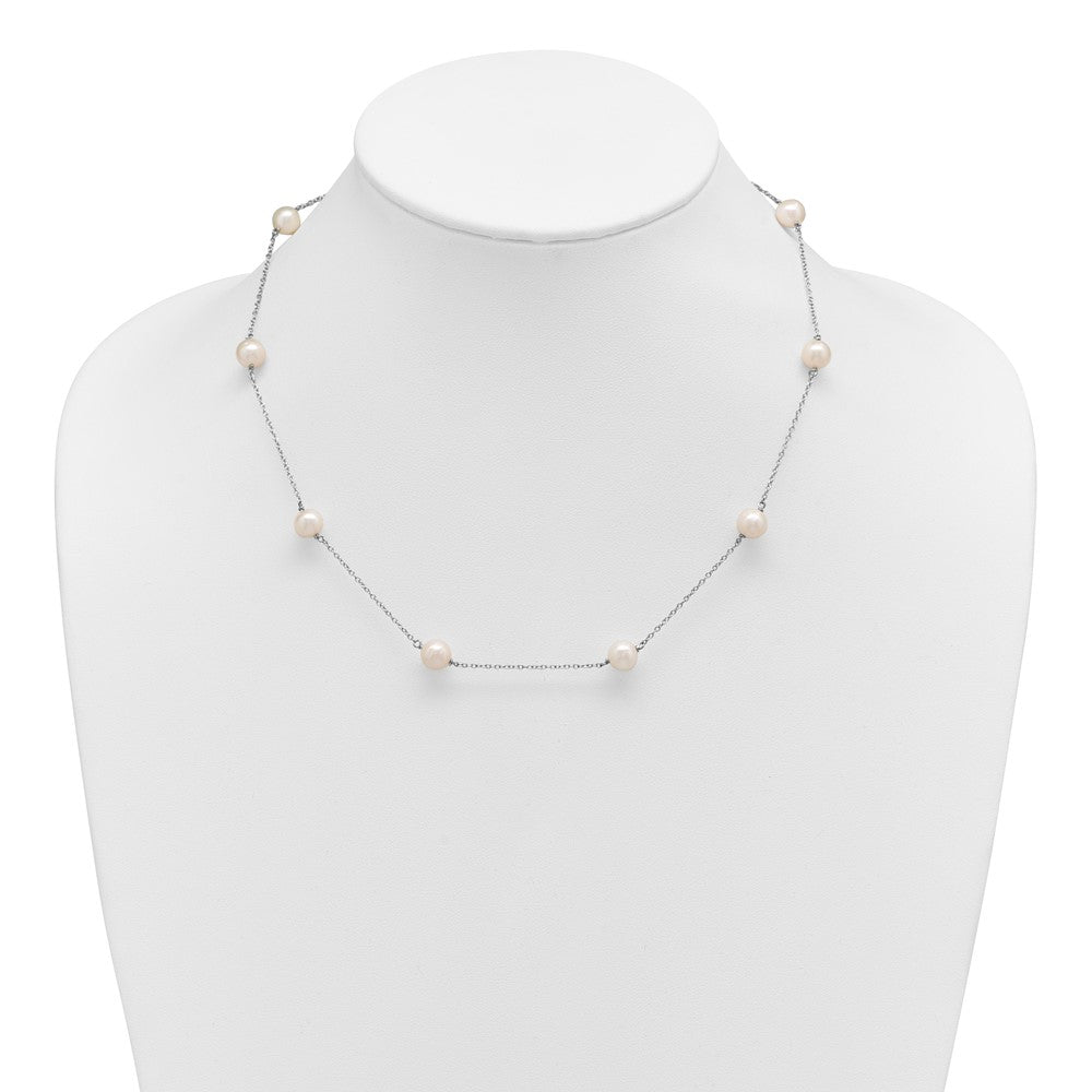 PSSN Sterling Silver Rhodium-plated 7-8mm White Near-Round Freshwater Cultured Pearl 9-Stations18 inch Necklace