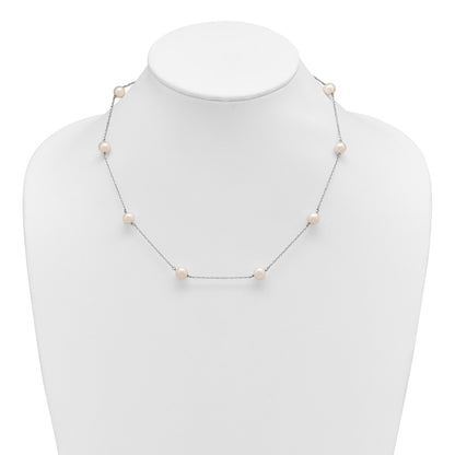 PSSN Sterling Silver Rhodium-plated 7-8mm White Near-Round Freshwater Cultured Pearl 9-Stations18 inch Necklace
