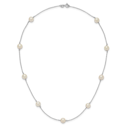 PSSN Sterling Silver Rhodium-plated 7-8mm White Near-Round Freshwater Cultured Pearl 9-Stations18 inch Necklace