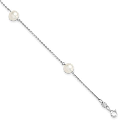 PSSB Sterling Silver Rhodium-plated 7-8mm White Semi-Round Freshwater Cultured Pearl 3-Station 7.5 inch Bracelet